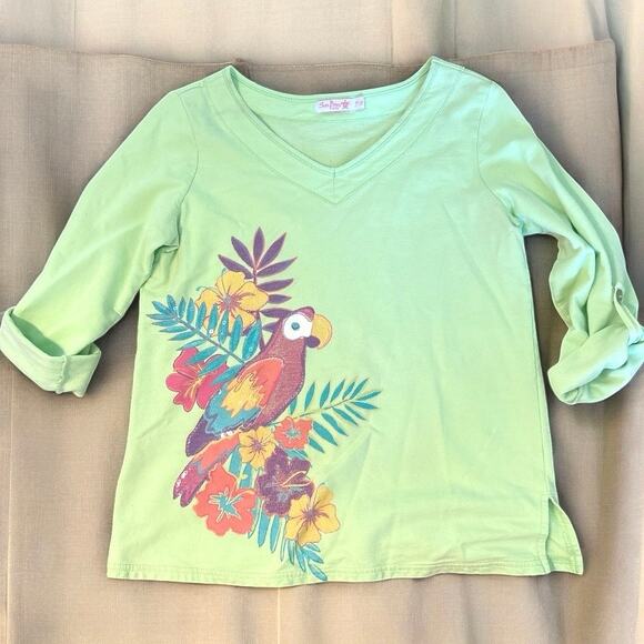 Pastel Embellished Parrot Shirt Sequin Lime Green Petite Small - Picture 2 of 7